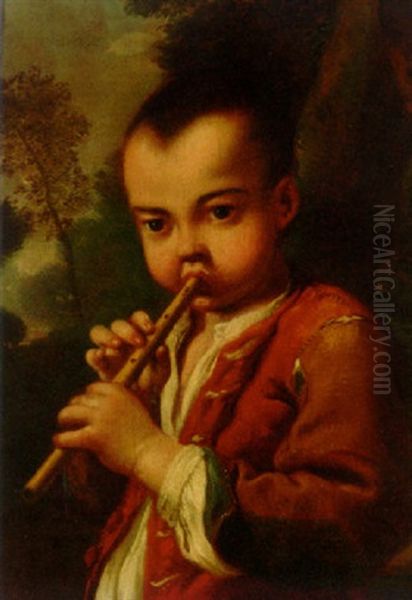 A Boy Playing A Flute In A Landscape Oil Painting by Antonio Mercurio Amorosi