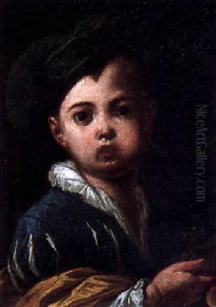 Portrait Of A Little Boy Wearing A Blue Slashed Doublet And Cap, Holding Grapes Oil Painting by Antonio Mercurio Amorosi