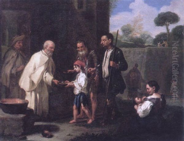 Beggars Receiving Alms From Friars Oil Painting by Antonio Mercurio Amorosi