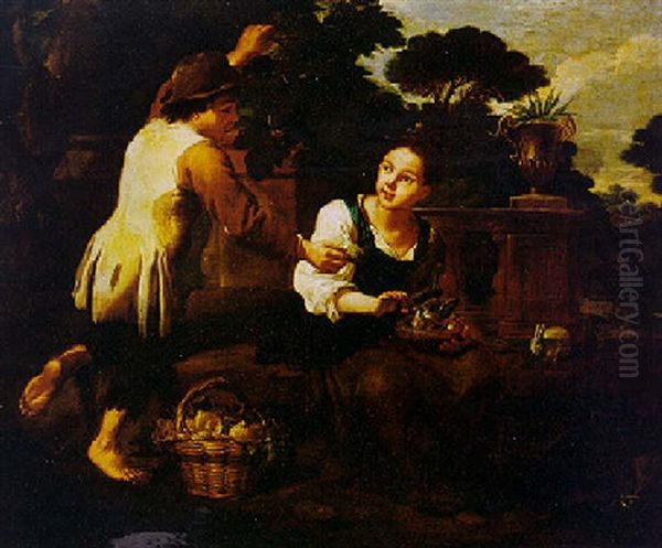 A Peasant Boy With A Girl Holding A Bird's Nest Oil Painting by Antonio Mercurio Amorosi