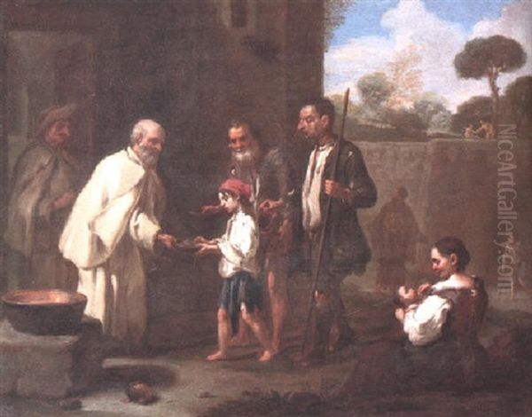 Beggars Receiving Alms From Friars Oil Painting by Antonio Mercurio Amorosi