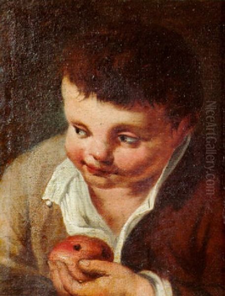 A Boy, Half Length, Holding An Apple Oil Painting by Antonio Mercurio Amorosi