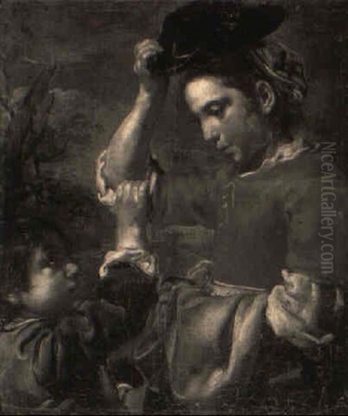 A Young Girl Raising Her Hat With A Small Boy In Foreground Oil Painting by Antonio Mercurio Amorosi