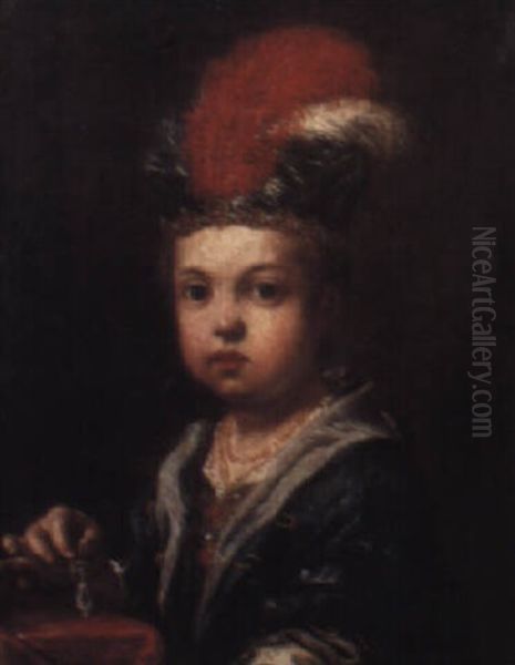 A Child, Half Length, Wearing A Feathered Cap, Holding A Pearl Earring Oil Painting by Antonio Mercurio Amorosi