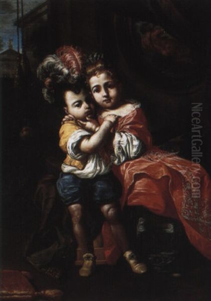 Boy And Girl Embracing In A Palatial Interior Oil Painting by Antonio Mercurio Amorosi