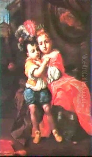 A Boy And A Girl Embracing In A Palatial Interior; And A    Child Comforted By A Girl As Amonkey Held By Black Pageboy Oil Painting by Antonio Mercurio Amorosi