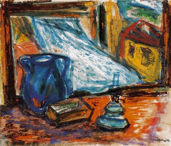 Szentendrei Lampas Csendelet Libbeno Fuggonnyel (still Life With A Lamp And A Fluttering Curtain In Szentendre) Oil Painting by Imre Amos