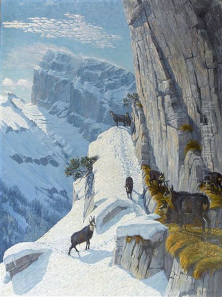 Gemsgruppe Im Gebiet Ebnet, Im Hintergrund Titlis-ostwand Oil Painting by Wilhelm Amrhein