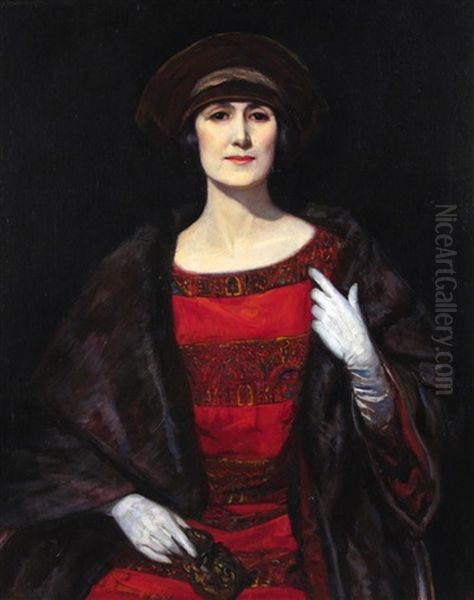 Portrait Of A Lady In A Fur Shawl, (possibly Mrs Amshewitz) Oil Painting by John Henry Amshewitz