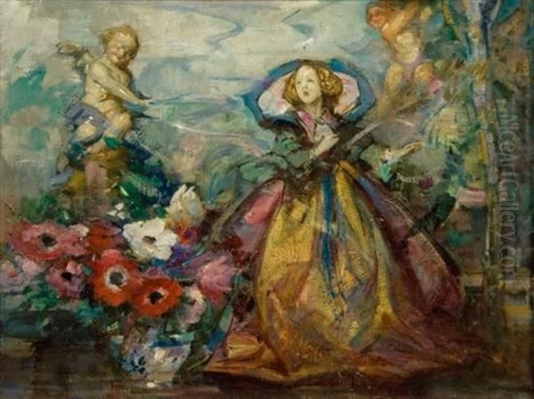 Fantasy Scene With Poppies And Cherubs Oil Painting by John Henry Amshewitz