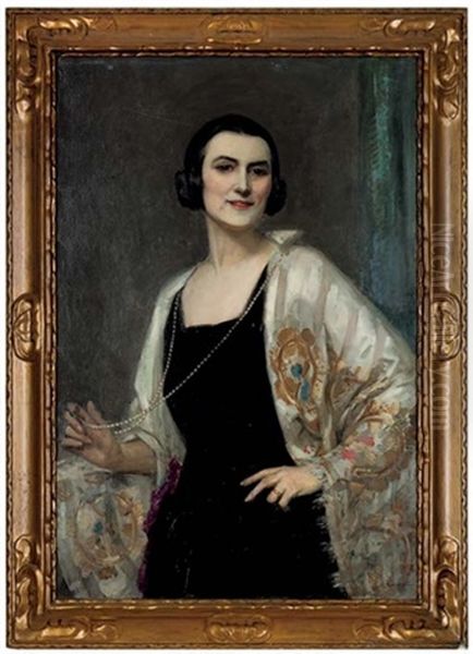 Portrait Of Sarah Briana Amshewitz, The Artist's Wife, In A Black Dress With A White Shawl And A Pearl Necklace Oil Painting by John Henry Amshewitz