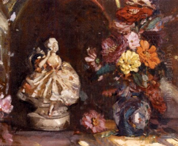 Still Life With Zinnias And A Figurine Oil Painting by John Henry Amshewitz