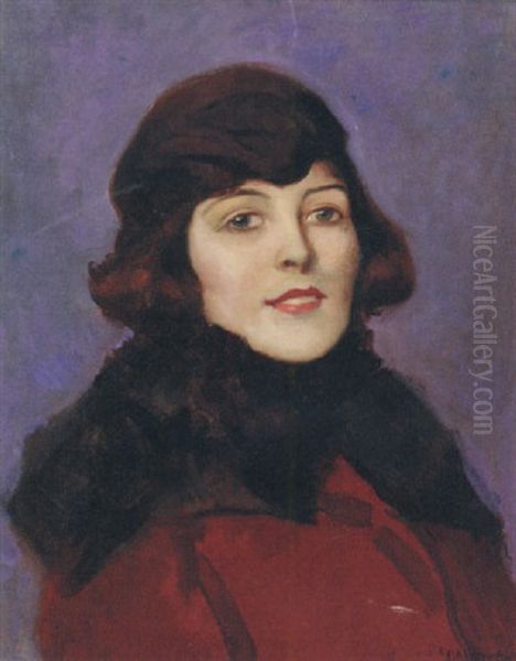 Portrait Of A Lady Wearing A Red Coat Oil Painting by John Henry Amshewitz