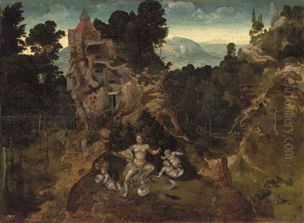 A Mountainous Landscape With Leda And Her Hatchlings, Saint Antony Abbot And The Centaur Beyond Oil Painting by Jan van (Brunswich Monogrammist) Amstel