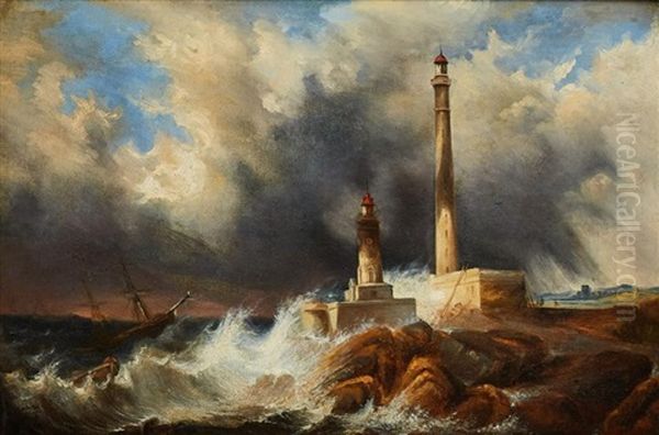 Marina In Tempesta Con Faro Oil Painting by Eugenio Amus