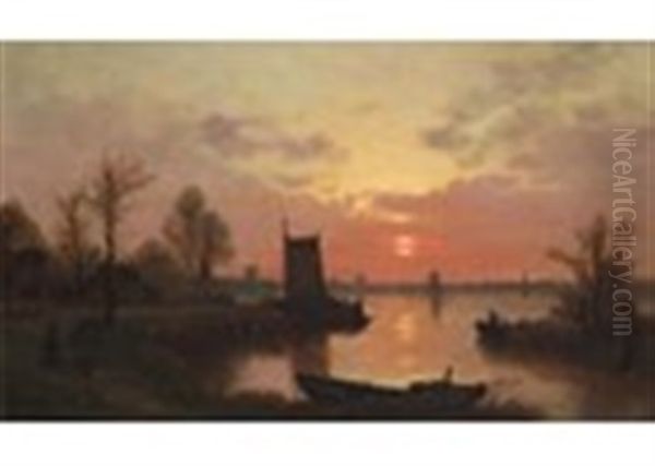 Sunset On A Canal Oil Painting by Auguste Paul Charles Anastasi