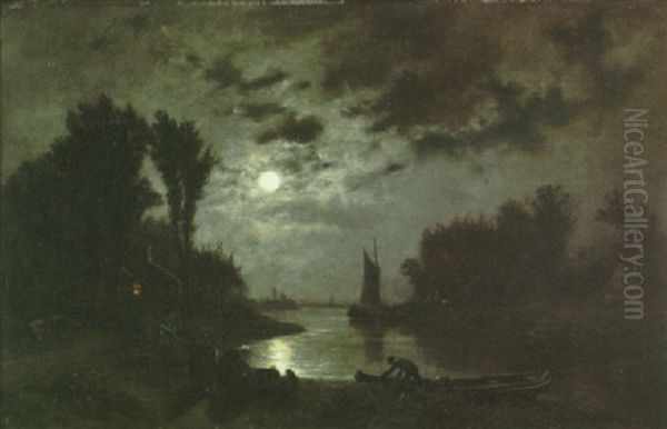 A Moonlit River Scene With A Dinghy Come Ashore And Figures On The Bank In The Foreground Oil Painting by Auguste Paul Charles Anastasi