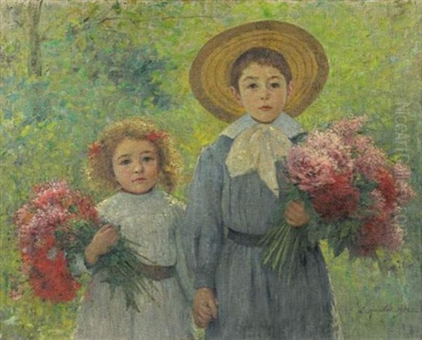 Les Enfants Au Bouquet De Fleurs Oil Painting by Emile Ancelet