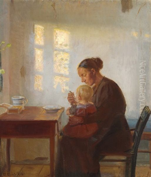 A Mother And Child In A Sunlit Room Oil Painting by Anna Kirstine Ancher