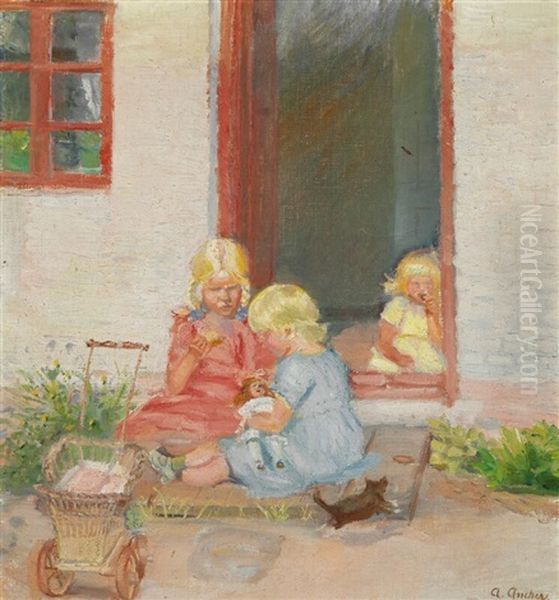 Three Little Girls Johanne, Lilly And Karen Playing In The Doorway Oil Painting by Anna Kirstine Ancher