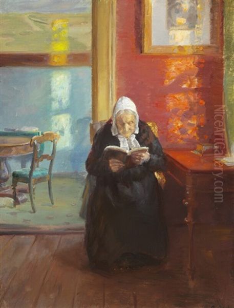 Interior From The Red Room With The Artist's Mother Ane Brondum Reading Oil Painting by Anna Kirstine Ancher