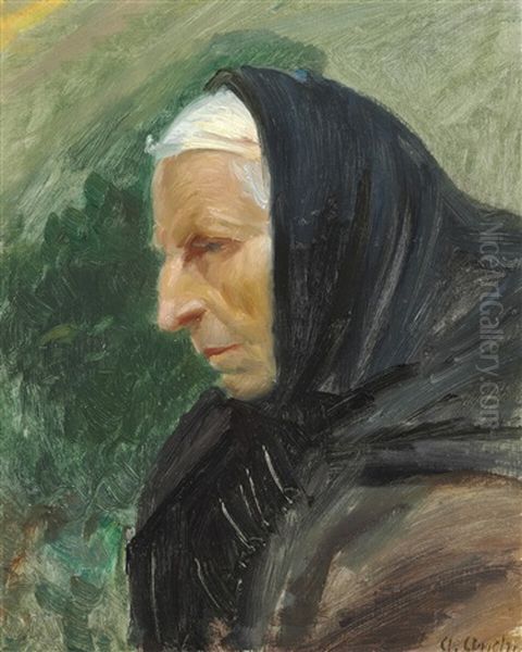 An Elderly Woman With A Black Scarf, Skagen Oil Painting by Anna Kirstine Ancher