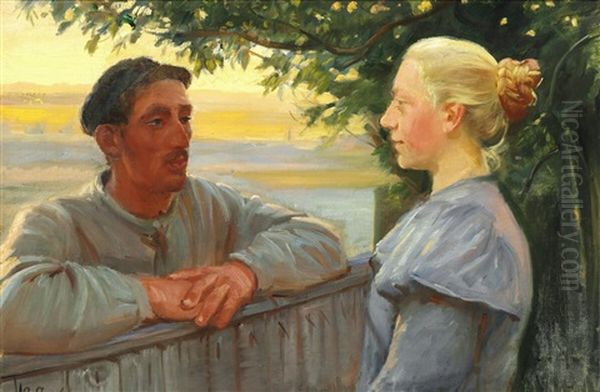 Meeting Across The Fence Oil Painting by Anna Kirstine Ancher