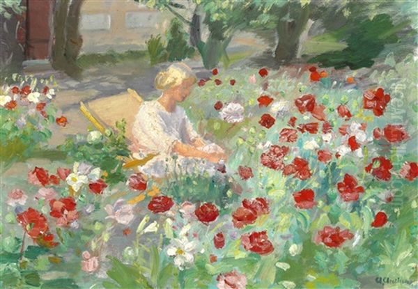 Young Girl Between Poppies Oil Painting by Anna Kirstine Ancher