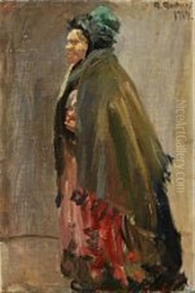 An Old Woman With A Green Hat And Shawl Oil Painting by Anna Kirstine Ancher