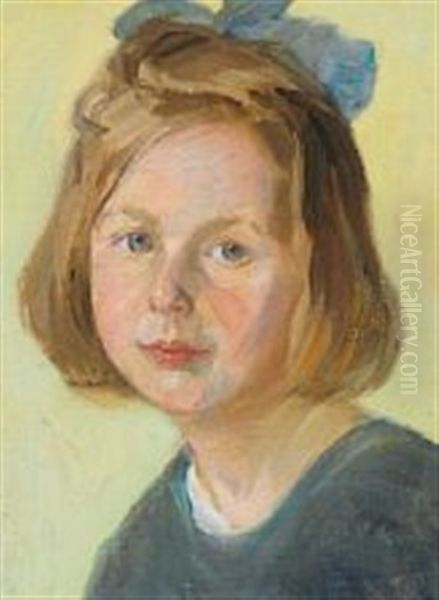 Portrait Of A Little Girl With A Blue Bow In Her Hair Oil Painting by Anna Kirstine Ancher