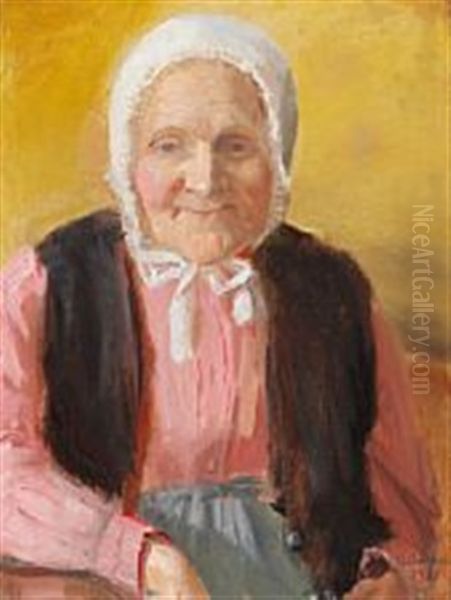 Woman From Skagen In Pink Shirt And White Bonnet Oil Painting by Anna Kirstine Ancher