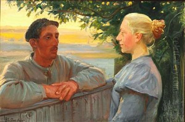 Meeting Across The Fence Oil Painting by Anna Kirstine Ancher