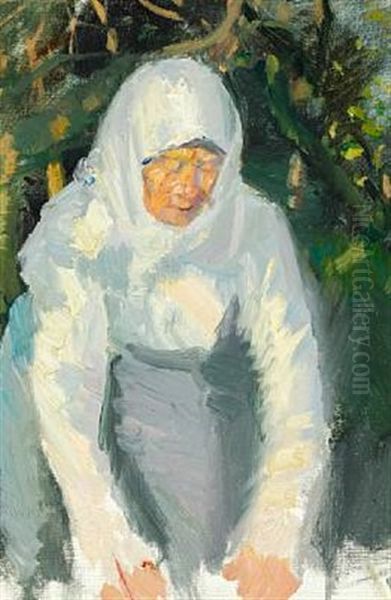 Woman From Skagen With A White Scarf Oil Painting by Anna Kirstine Ancher