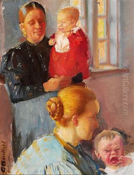 Two Young Mothers With Their Small Children. Study For Vaccination Oil Painting by Anna Kirstine Ancher