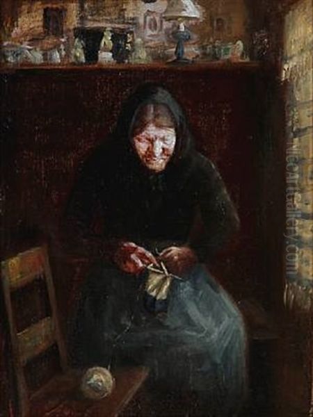 Interior With A Knitting Woman Oil Painting by Anna Kirstine Ancher