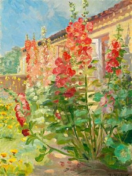 Red Hollyhocks In The Garden Of The Ancher Family's House On Markvej In Skagen Oil Painting by Anna Kirstine Ancher