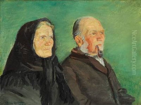 Double Portrait Of A Golden Wedding Couple From Skagen On A Green Background Oil Painting by Anna Kirstine Ancher