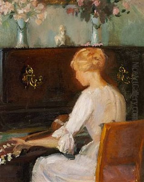 Helga Ancher Playing Guitar In Front Of A Piano In The Ancher Family House Oil Painting by Anna Kirstine Ancher