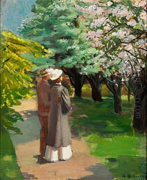 Springtime In The Park. A Young Couple Is Looking At The Blooming Trees Oil Painting by Anna Kirstine Ancher