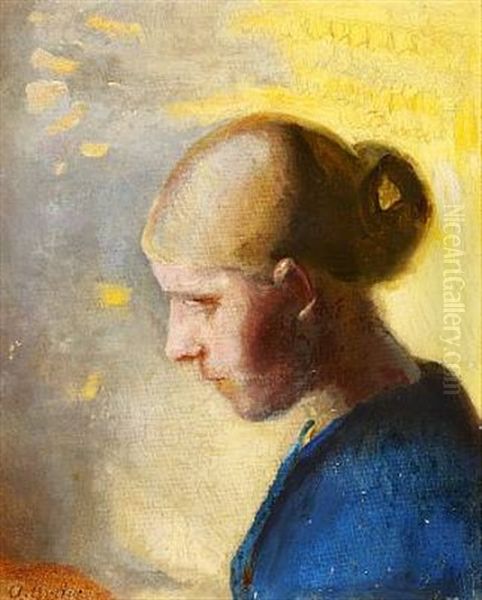 Portrait Of A Young Blond Girl In A Blue Dress With Her Hair In A Bun Oil Painting by Anna Kirstine Ancher