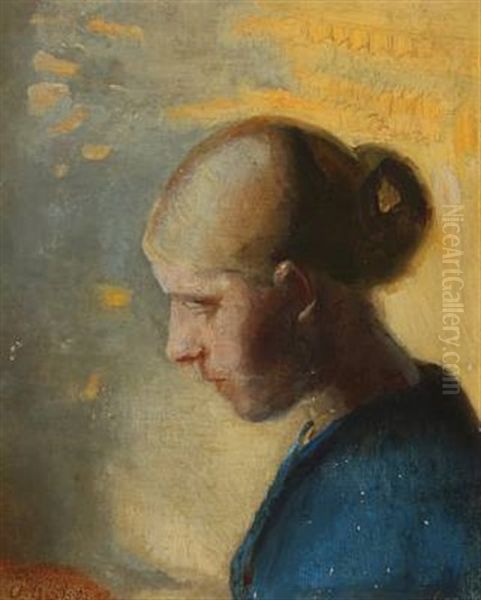 Portrait Of A Young Blond Girl In A Blue Dress With Her Hair In A Bun Oil Painting by Anna Kirstine Ancher