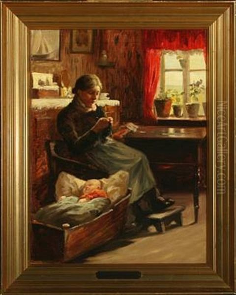 Interior With Woman And Sleeping Child In The Cradle Oil Painting by Anna Kirstine Ancher