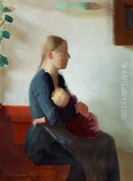 Young Mother With Her Child Oil Painting by Anna Kirstine Ancher