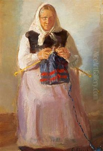 Sorine Moller Knitting Oil Painting by Anna Kirstine Ancher