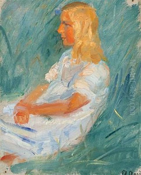 Girl In A White Dress Sitting On The Grass Oil Painting by Anna Kirstine Ancher