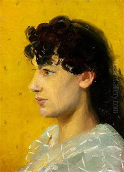 Portrait Of A Dark-haired Girl In Profile On A Yellow Background Oil Painting by Anna Kirstine Ancher