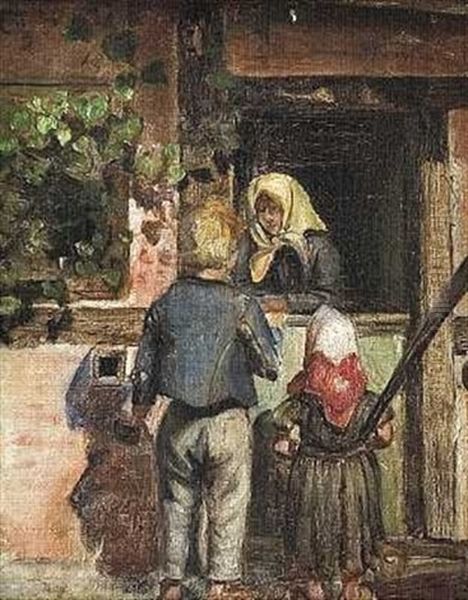 To Born I Samtale Med En Kone Ved En Halvdor Oil Painting by Anna Kirstine Ancher