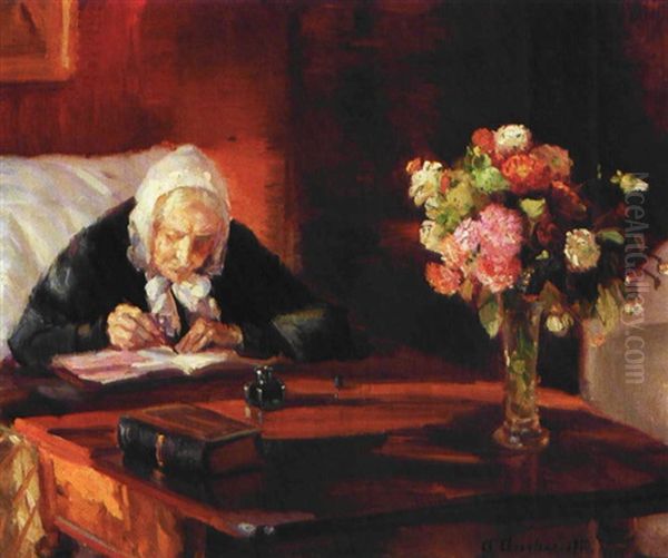 Kunstnerindens Mor Ane Hedvig Brondum Siddende Ved Sit Skrivebord I Den Rode Stue Oil Painting by Anna Kirstine Ancher