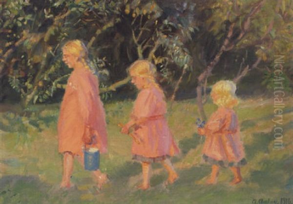 Tre Sma Soskende Oil Painting by Anna Kirstine Ancher