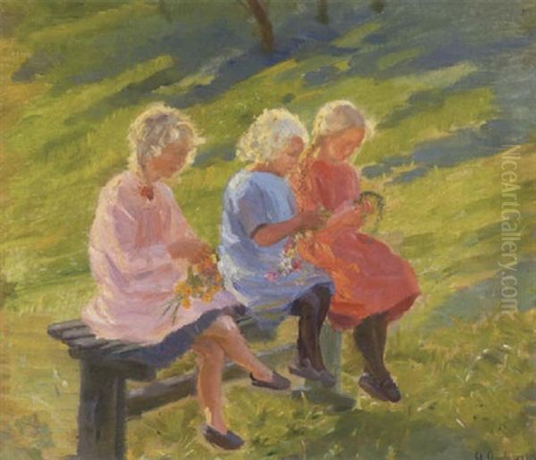 Tre Piger, Der Fletter Blomsterkrane Pa En Baenk I Haven Oil Painting by Anna Kirstine Ancher